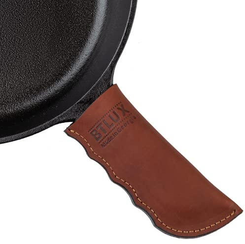 BTLUX Leather Cast Iron Skillet Handle Cover, Pan Sleeve, Made in Georgia | Handmade full grain double layer leather, hot pot holder grip, heat resistant, fits Lodge skillets