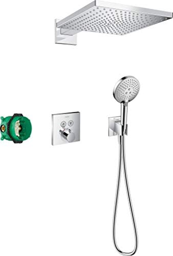 hansgrohe Raindance E - Set de douche encastré avec mitigeur thermostatique, pommeau de douche, flexible de douche, douche de tête carrée (300 x 300 mm) et corps d’encastrement, Chromé, 27952000