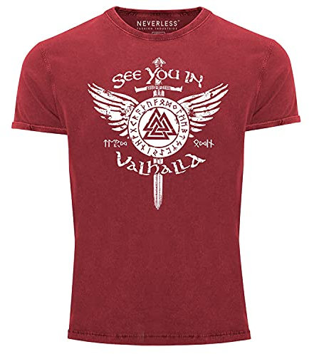 Neverless® Herren Vintage Shirt See You in Valhalla Schwert Runen Odin Vikings Printshirt T-Shirt Aufdruck rot M