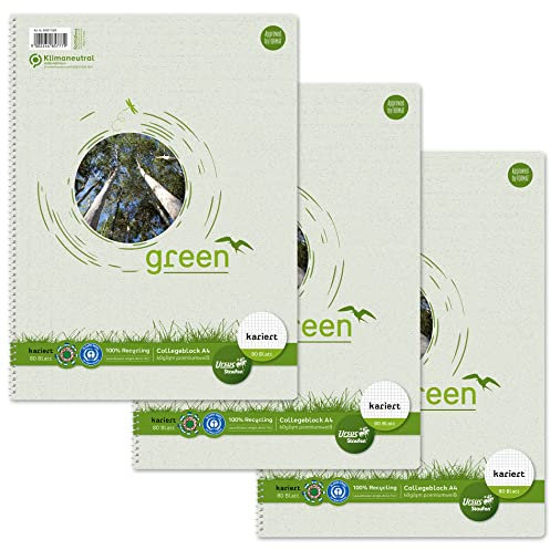 Staufen Green Collegeblock - DIN A4, 5mm kariert, 80 Blatt, 4-fach Lochung, premiumweißes 60g/m² Recyclingpapier, 3 Stück