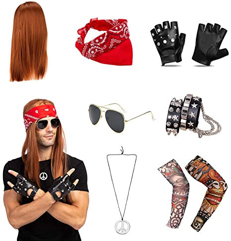 Sasifeni 80s Fancy Dress Men, 7 PCS Rock Star Costume Set, Peace & Love Necklace Sunglasses Punk Gloves Bracelet Wig 80s Accessories Women Rockstar Fancy Dress for Adults Unisex Costumes