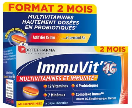 Forté Pharma - Immuvit'4G | Complément Alimentaire Vitalité et Immunité - 12 vitamines, 7 minéraux et 4 Ferments | 60 comprimés Tri-couches