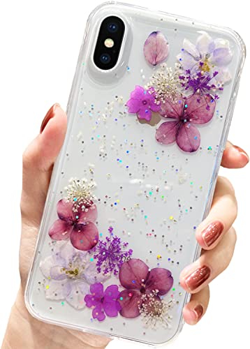 AMART für iPhone X/iPhone XS Hülle Blumen, Durchsichtig Echte Getrocknete Blumen HandyHülle Klare Glitzer Aesthetic Weich Silikon Mädchen Schutzhülle für iPhone X/XS(5,4NUR)(Lila Blume)