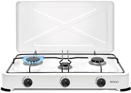 SOGO Cocina de Gas Butano Portátil 3 Fuegos - Cocina Gas Portátil para Acampadas, Viajes y Fiestas al Aire Libre - Placa Gas Butano con Control de Llama - Encimera Gas Butano con Bandeja de Esmalte