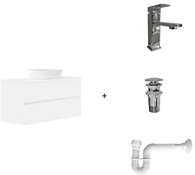 Baikal Pack solución Completa. Incluye: Mueble de Baño, Lavabo cerámico, Grifo, Sifón Extensible y Válvula de desagüe. Mueble MONTADO. Entrega Todo en uno. 2 Cajones Sin Espejo 120 cm Blanco