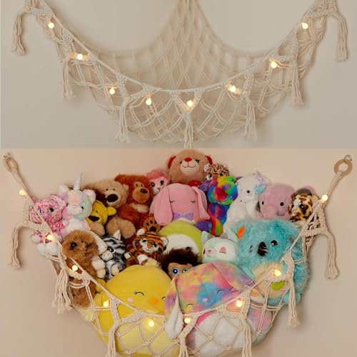 Lilly's Love Macrame Teddy Hammock w/Lights | Toy Hammock for Stuffed Animals | Soft Toy Storage | Cute Room, Bedroom & Home Decor | Large (White)