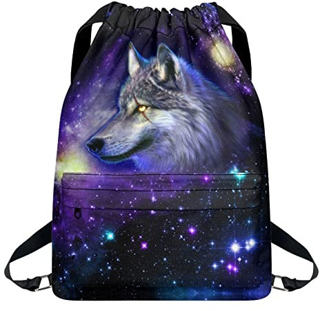 Kuiaobaty Kordelzugbeutel mit Reißverschlussfach, Schultasche, Sporttasche, Schwimmtasche oder Sporttasche, personalisierbar, Sternenhimmel Wolf