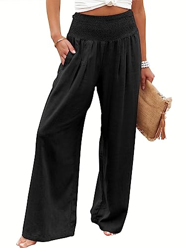 ANRABESS Women Linen Palazzo Wide Leg Pants with Pockets, Black,XXL