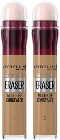 Maybelline Instant Anti Age Eraser Eye Concealer, Dark Circles and Blemish Concealer, Ultra Blendable Formula, 02 Nude, Duo Bundle