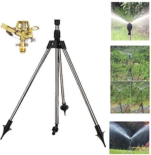 OKESYO Aspersor de césped, grandes superficies con trípode, trípode aspersor de metal, aspersor giratorio automático, aspersor de césped de 360 grados para patio, jardín, césped