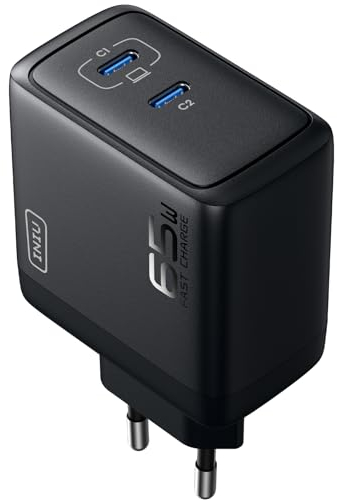 INIU 65W Caricatore USB C Alimentatore, 2-porto USB C-USB C adattatore di alimentazione, Compatto e salvaspazio, Caricabatterie veloce per MacBook iPad Pro/Air, iPhone 15 14 13 Pro Max, Galaxy S23 ecc