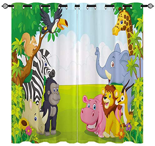 YUANZU Kinder Vorhänge Dschungeltiere 3D-Muster Ösen Gardinen mit Blickdichte Thermo Vorhang Kälteschutz Blackout Curtain Kinderzimmer Schlafzimmer Verdunkelung Fenster, 2 Stück, H 160 x B 132 cm