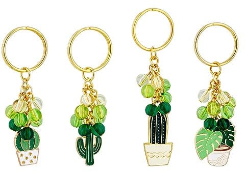 SUPERFINDINGS 4 Styles Cactus Keychain Alloy Keychain with Acrylic Beads Acrylic Plants Keyrings Green Leaf Enamel Pendant Keychains Cactus Charm Keyrings for Women Men Car Bag Key Pendant Decoration