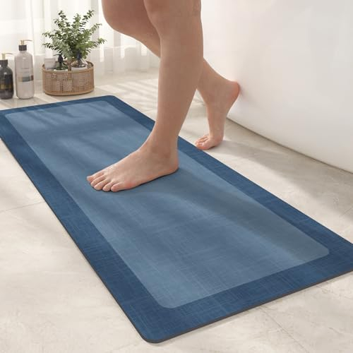 Color G Badteppich rutschfest Waschbar 43 x 110 cm, Badezimmerteppich Absorbierend, Kieselgur Badematte Wasserabsorbierend, Schnelltrocknend Badvorleger für Dusche, Badewanne und Toilette, Dunkelblau