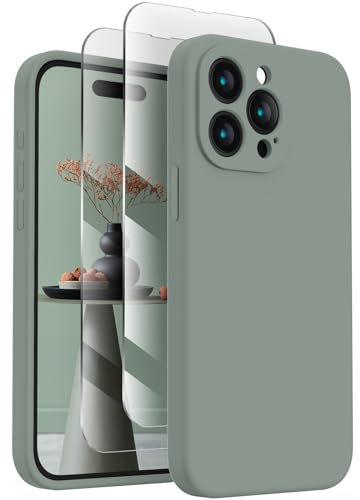 FireNova Designed for iPhone 15 Pro Case, Silicone Upgraded [Camera Protection] Phone Case with [2 Screen Protectors], Soft Anti-Scratch Microfiber Lining Inside, 6.1 inch, Calke Green