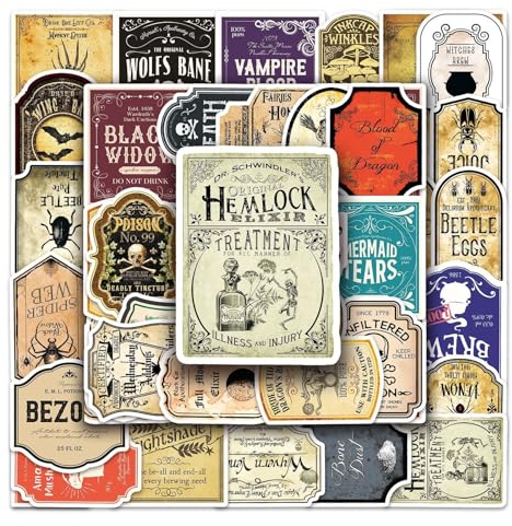 50 Pcs Magic Potion Label Stickers, Cartoon Vintage Potion Sticker Bottle Tag Cool Trendy Vinyl Sticker, Halloween Decals,Retro Aesthetic Party Gift Stickers for Kids Teens Adults