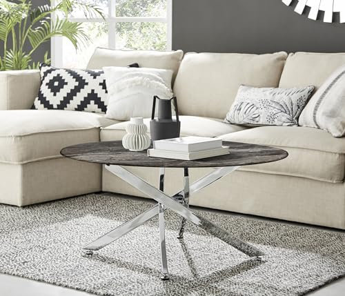 Furniturebox UK Novara Glass Dark Marble Effect Round Coffee Table - Shiny Silver Chrome Legs In Stylish Nested Starburst Design - Modern Living Room Furniture for Contemporary Homes