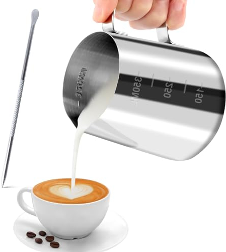 JOPHEK Jarra Leche Barista 304 Acero Inoxidable, Jarra de Espuma de Leche, Jarra de Leche con Medición e Lápiz Decorador Para Espresso, Taza de Café para Espumar, Jarra Cafe para Espresso (350ML)