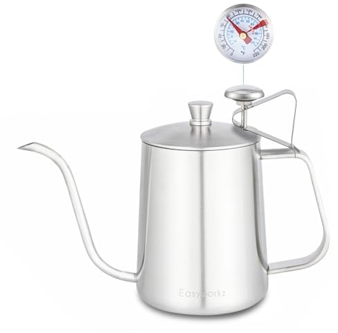 Easyworkz Gage Gooseneck Pour Over Coffee Kettle 600ml with Thermometer Stainless Steel 304 Coffee Pot with Long Narrow Spout Hand Drip Kettle