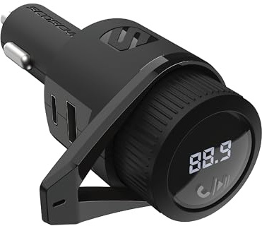 Scosche BTFM9 FM Bluetooth Transmitter Car, Dual 12W USB-C and USB-A Charging Ports, Fast Type C Car Charger, Wireless Radio Bluetooth Adapter, Hands-Free Kit for Calls, Siri and Google Assistant