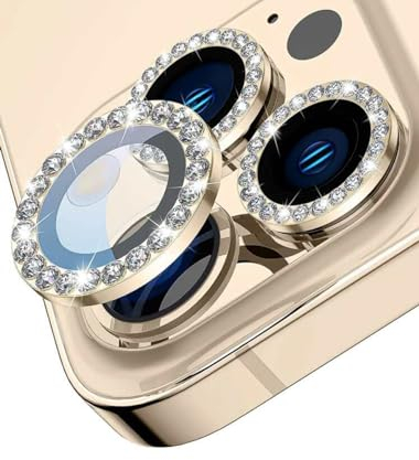 iPhone 12,13,14,15 Pro MAX Case - Camera Protector 6.7 Inch - Gold with Rhinestones