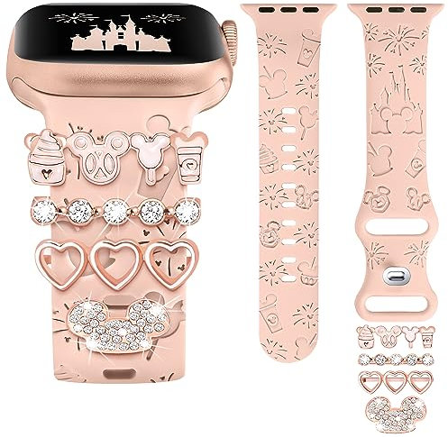 BEEXI Compatible with Apple Watch Strap (Strap Included) 41mm 40mm 38mm 42mm Women, Cute Engraved Silicone Strap Glitter Rings for iWatch Series 10 9 8 7 6 5 4 3 2 1 SE