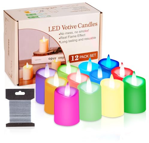 IMAGE 12 Pcs Battery Operated 3D Wick Ivory LED Hanging Flameless Votive Candles with Timer, Color Gradient Effect RGB Color