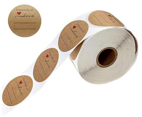 NIYATA 1 Rolle 500 Stück Aufkleber Etiketten Rund, Kraft Selbstgemacht mit Liebe Aufkleber,Rund Selbstklebend Aufkleber,Kraftpapier Aufkleber,Sticker Etiketten für Backen,Handgemachte Arbeit,Hochzeit