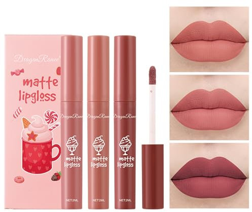 Transmore 3 Farben Nude Matt Lippenstift Set, 24 Stunden Haltbarer Lippenstift, Samtweicher Feuchtigkeitsspendender Lippenstift, Langanhaltender Wasserfester Lippenstift für Damen Make-up (Set C)