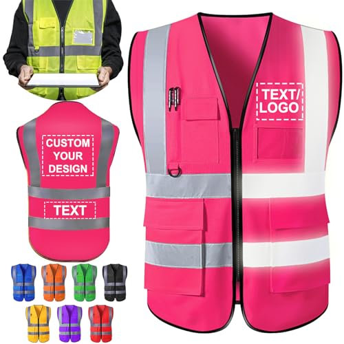 ShAxzHen Gilet de sécurité personnalisé pour homme et femme avec poches logo, vêtements de travail haute visibilité personnalisés avec bande réfléchissante, rose, M