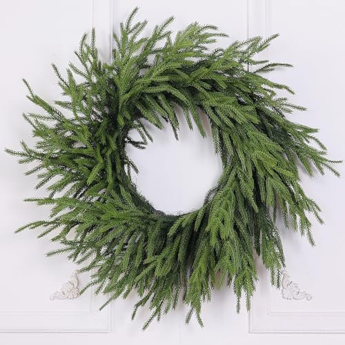 Real Touch Norfolk Pine Wreath - 24 Artificial Christmas Wreath Faux Pine Green Wreath for Front Door, Wall, Windows, Xmas Decoration