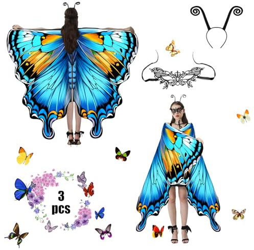 Jeackcelle Butterfly Costume Women's Halloween Costume Cape, Fairy Wings Fancy Dress Butterfly Wings Ladies Carnival Costume for Halloween Carnival Party Cosplay Dancing (Blue)