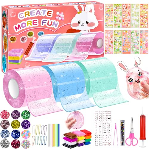 Vibbang 70Pcs Nano Tape Kit for Kids, Nano Tape Bubbles Set for Making Bubbles, DIY Nano Magic Tape Craft Kit Age 4+ with Sequin Glitter Powder Sticker, Double Sided Nano Tape Party Favors Toy Gift
