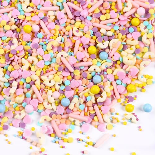Essbare Streusel für Kuchen Verzieren 120g Rosa Herz Streusel Topper Cookie Regenbogen Kuchen Nonparels Zucker Perle für Cupcakes Süßigkeiten Eis Schokolade