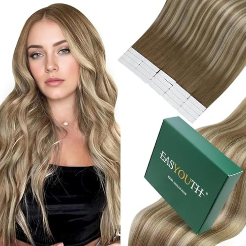 Easyouth Tape Echthaar Extensions Ombre Braun Echthaar Tape Extensions Mittelbraun Balayage Platin Blond Glue in Extension Remy Menschenhaar für Frauen 45 cm 40g #6/60/6 20pcs