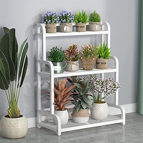 JUYYTUK Escabeau à plantes en métal à 3 niveaux - Support pour pot de fleurs blanc avec barre arrière - Pour intérieur et extérieur