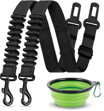 ZENOVA PETS Anschnallgurt Hund Auto – 2er Set mit faltbarem Reise-Hundenapf, elastischer Bungee-Gurt, verstellbar, mit 360°-Drehverschluss & Anti-Schock-Funktion für sicheres Autofahren