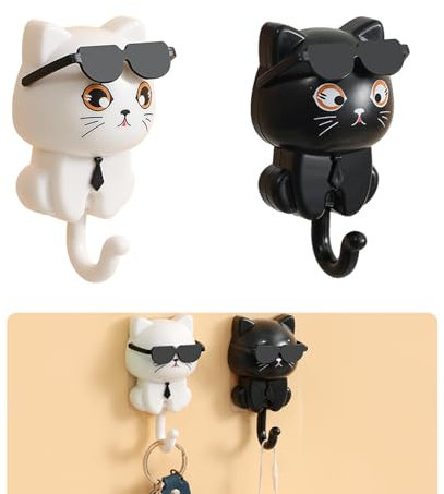 Mulomir 2 Stück Selbstklebende Kleiderhaken mit Schlüsselhalter, Kreativer Selbstklebender süßer Katzen-Schlüsselhaken, Aufbewahrungs- und Wanddekoration für Heimdekoration (Black+white)