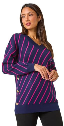 Roman Originals Grid Pattern V-Neck Knit Jumper for Women UK - Ladies Everyday Autumn Winter Round Neckline Comfy Soft Evening Vacation Work Party Night Out - Midnight Blue - Size 12