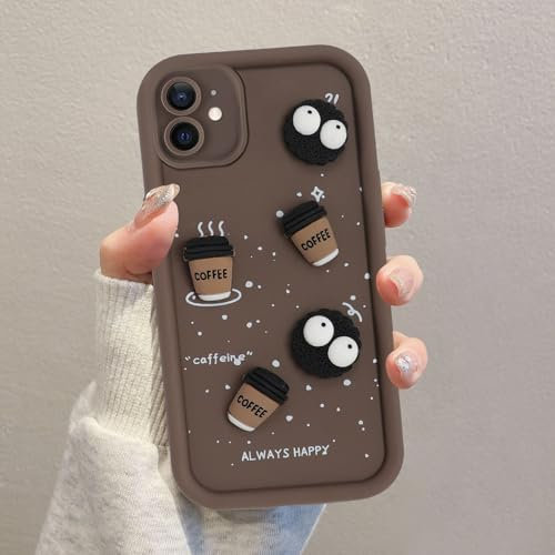 Kueqeay Custodia per iPhone 11 6,1'', Aesthetic Modello Cute Tazza di Caffè 3D Bambola Disegni Cellulare Cachi Silicone Morbido Cover per Protezione Fotocamera Antiurto Case, 02