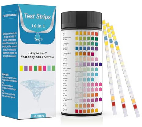 Fontee 16-in-1 Strisce Reattive per Acqua (100 unità) – Controlla pH, Nitriti, Cloro, Durezza, Mercurio e Piombo in Acqua Potabile, Piscina, Acquario