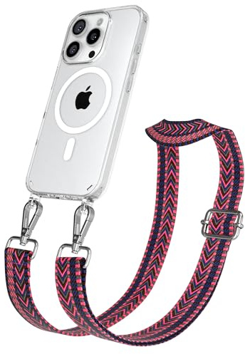 EAZY CASE Handykette - Verstellbares Taschenband kompatibel mit iPhone 16 Pro, Schulterriemen, Handykordel mit Silikon Hülle, Qi Charging kompatibel, Umhängetasche, Pink Blau Silber
