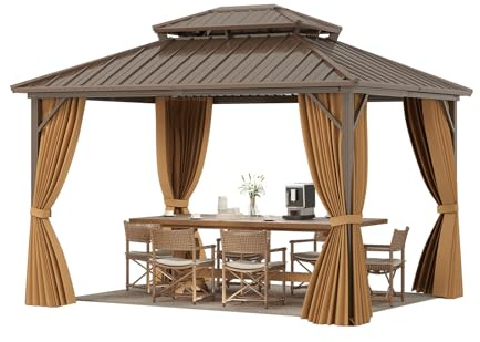 GOPLUS Gardenpavillon 3,54 x 2,94 m, Hardtop Pavillon wasserabweisend & Winterfest, Garten Pavillon mit Doppeldach aus verzinktem Metall, Netz & Vorhang, für Terrasse, Garten, Deck, Rasen, Hinterhof
