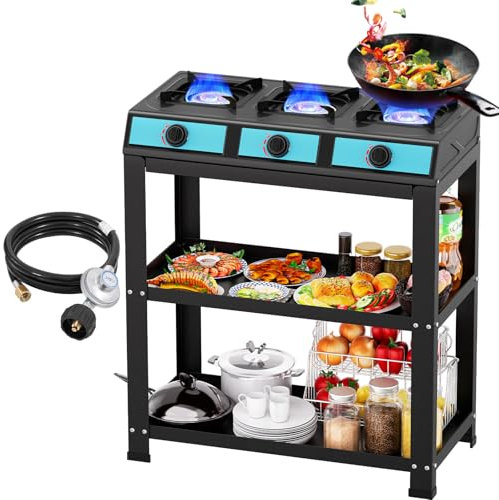 Fornello da campeggio a propano, 3 fuochi, nero, fornello a gas autoportante, 3 fiamme, accensione manuale, di alta qualità, portatile, per esterni, campeggio, camper