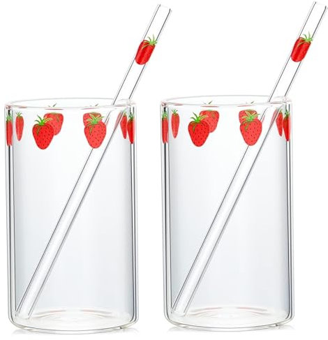 Enbebamd Tasse de verre à la fraise avec paille 2 réglées en verre borosilicate tasses aux fraises pour femmes et filles à boire polyvalent pour le lait, tasse de juicestrawberry