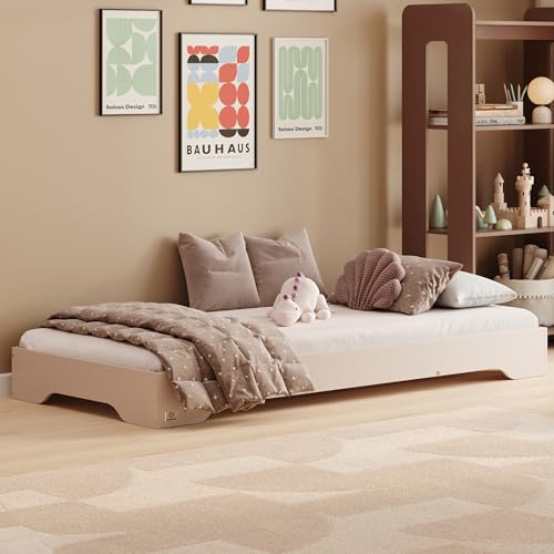 smartwood Kinderbett 90x200 cm mit Lattenrost, aus Holz, Kaschmir, TILA 7 | Montessori Bodenbett, Einstiegshöhe 18 cm, Belastbar bis 230 kg, FSC-Kiefernsperrholz, abgerundete Kanten, Einfache Montage