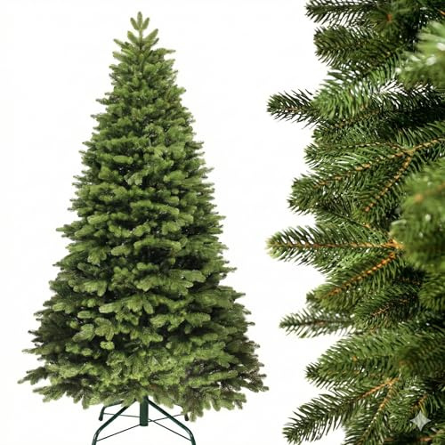 Evergreen Tree® Albero di Natale artificiale di alta qualità, 150 cm, 100% stampaggio a iniezione, con rami 3D, realistico e denso, albero di Natale con supporto in legno, prodotto nell'Unione Europea
