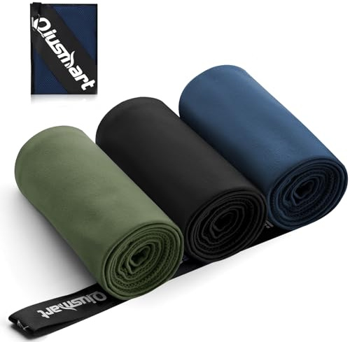 Lot de 3 serviettes en microfibre (60 x 120 cm) - Séchage rapide et compactes - Pour voyage, bain, fitness, plage et sport (bleu marine + noir + vert armée)