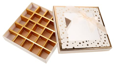 Healeved Leere Pralinenschachtel mit 25 Fächern Beige Pralinenverpackung mit Schleife für Geburtstag Valentinstag Hochzeit und Party