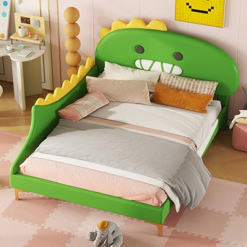 LinoraFurn Kinderbett, Cartoon Dinosaurier Form, Flachbett, PU Material (Grün, 140X200cm)